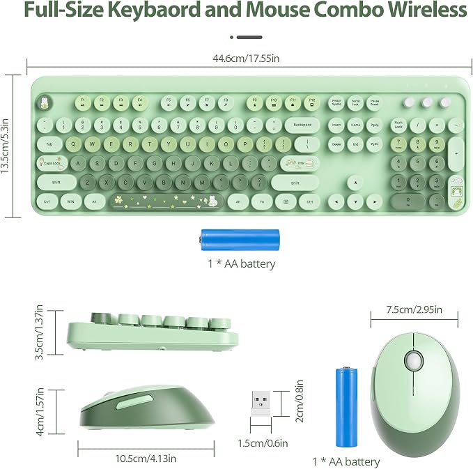 Fogruaden Green Keyboard and Mouse Wireless, Retro Typewriter Keyboard, 2.4GHz 104 Keys Full Size Cute Keyboard with Number Pad, Gradient Colorful Keyboard with Round Keycaps for Windows PC Laptop