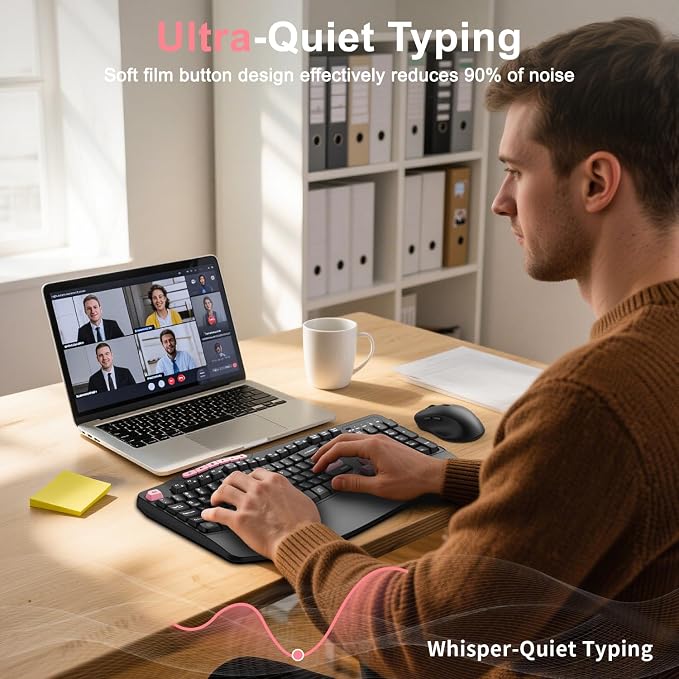Wireless Keyboard and Mouse Combo, Ergonomic Keyboard with 6 Multimedia Keys, 2.4G Full Size Keyboard with Wrist Rest, 3-Level DPI Wireless Silent Mouse with 6-Buttons, for Windows (Pink)