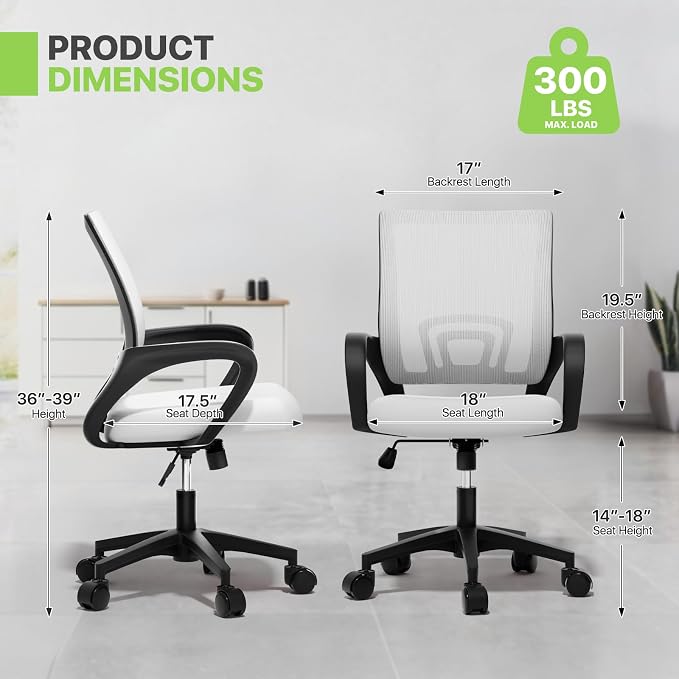 Magshion Ergonomic Office Chair Pack of 2, Mid-Back Mesh Desk Chair, Adjustable Swivel Computer Chair with Lumbar Support & Breathable Backrest for Gaming, Work, Study, 300 Lbs Capacity, White