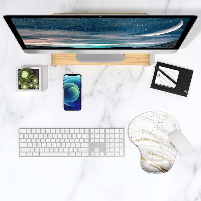 ITNRSIIET Ergonomic Mouse Pad with Gel Wrist Support Wrist Rest Smooth Surface Non-Slip PU Base Comfortable Office Supplies Pain Relief, 9.5 x 8 inches, Gray Gold Marbling