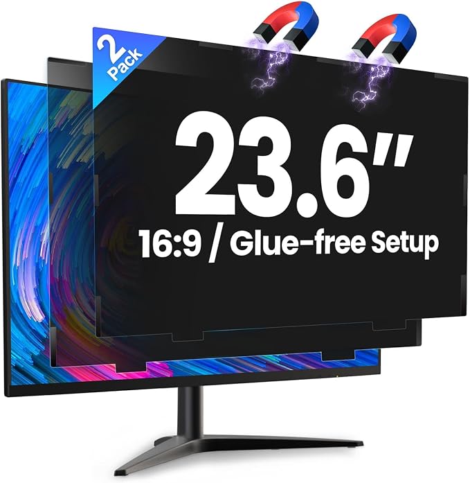 2 Pack 23.6 Inch Magnetic Computer Privacy Screen for Monitor 16:9 Aspect Ratio, Anti Blue Light Computer Screen Privacy Shield, Removable Anti Glare Screen Protector for Dell HP Lenovo ASUS LG Acer Samsung Monitors