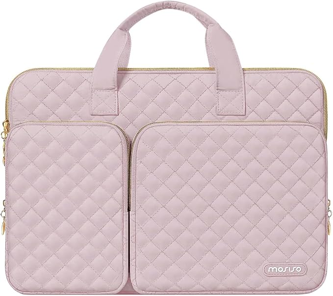 MOSISO 360 Protective Laptop Case 13.3 inch, 13-13.3 inch Laptop Sleeve Compatible with MacBook Air/Pro 13/Pro 14,HP Dell ASUS Lenovo, Square Quilted Bag Cover with 2 Pockets&Handle&Belt, Pink