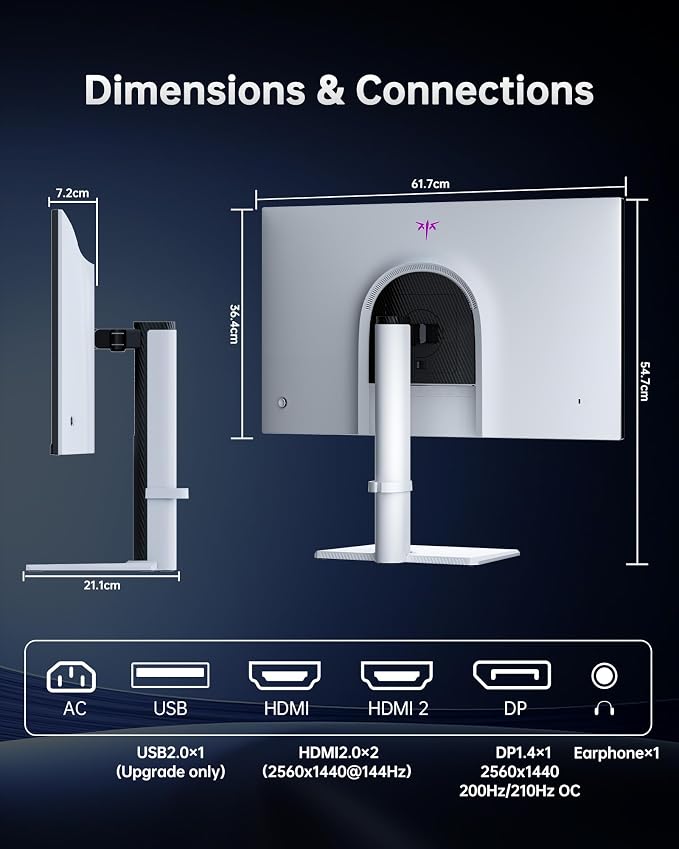 KTC M27T6S 27 Inch Gaming Monitor, 1440P Mini LED Monitor 200Hz(OC 210Hz), 157%sRGB, HDR 1000, 1ms MPRT, Adaptive Sync, HDMI DP Port, Tilt Swivel Pivot Height Adjustment, VESA Mount Vertical Monitors