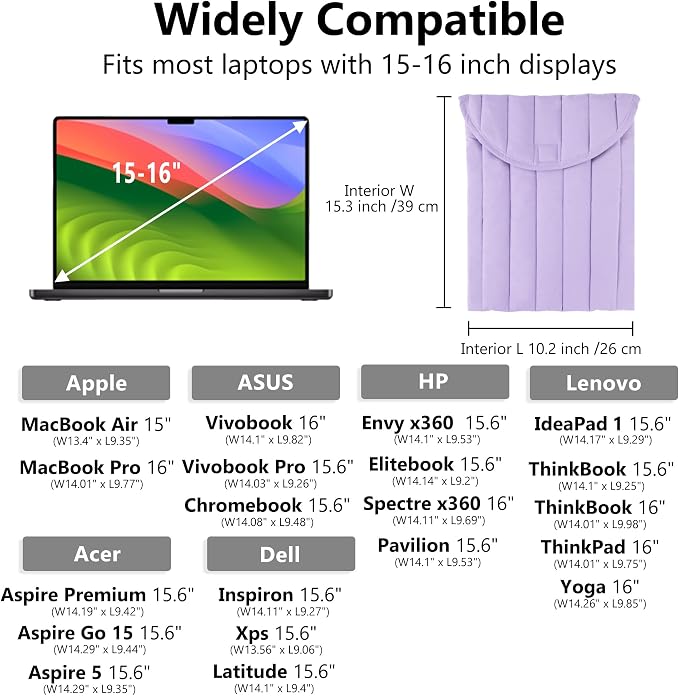 Puffy Laptop Sleeve 15-16 Inch Purple, Protective Carrying Case for Men and Women, Cute Case Bag Compatible with 15 Inch and 16 Inch Laptops, for MacBook Air M2 M1, Asus/Dell Xps/Lenovo in Cover