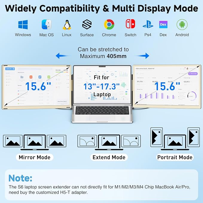 KEFEYA Laptop Screen Extender 15.6", FHD 1080P Portable Triple Monitor for Laptops 13-17.3", 120% sRGB 235° Rotation Detachable Laptop Monitor Extender for Windows/Mac/Dex/Chrome/Surface, Plug n Play