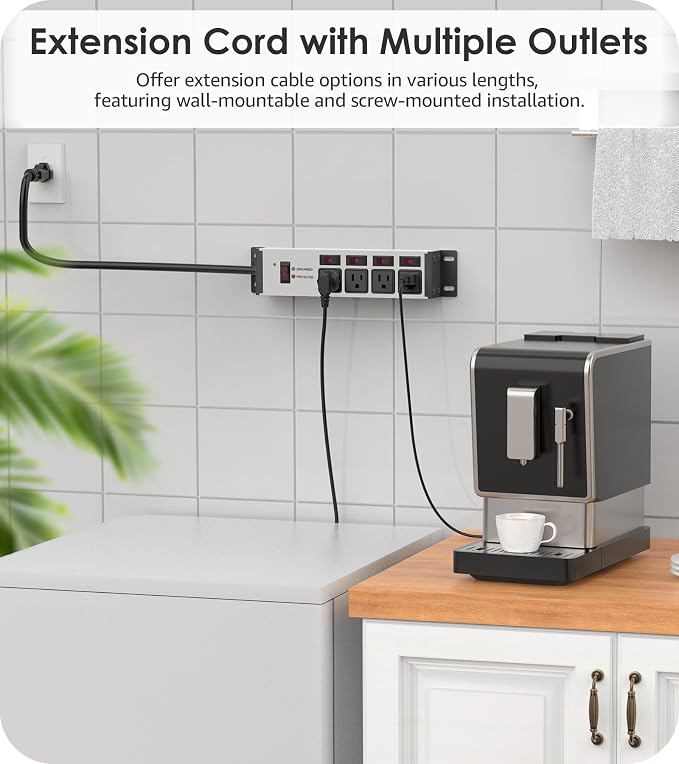 CCCEI Heavy Duty Surge Protector Power Strip 20 Amp Individual Switches. 25FT 12 Gauge Extension Cord with Multiple Outlets. Kitchen, Garage, Shop, Industrial Wall Mount Electric Extender, Grey.