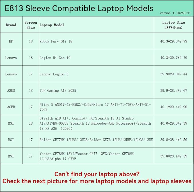 Smatree Elite Laptop Sleeve for 17.3-18 inch HP ZBook Fury G1i 18, Lenovo Legion 5/9i, ASUS TUF Gaming A18 2025, ACER Nitro, MSI Stealth/Raider/Vector, Protective Laptop Case with Pocket(E813)