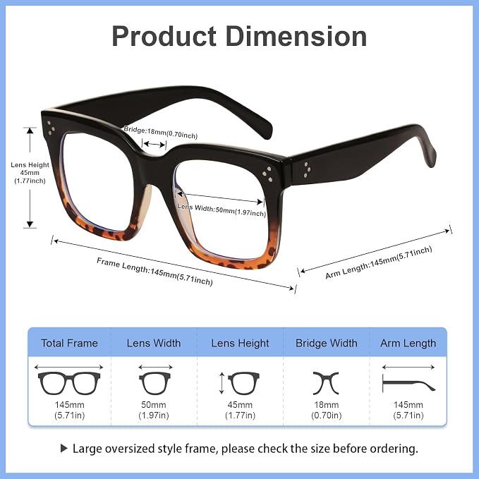Ovresized Blue Light Blocking Glasses for Women Men Square Computer TV Eyeglasses
