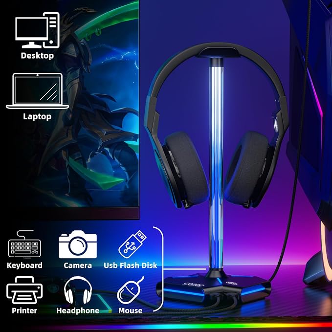 RGB Headphone Stand with 2 USB2.0 Extension Charging Port Extender Cord,Headset Stand Holder for Gamer Desktop Table Game Earphone Accessories,PC Gaming Accessories for Gamer,Gifts for Boyfriend