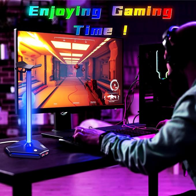 RGB Headphone Stand with 2 USB2.0 Extension Charging Port Extender Cord,Headset Stand Holder for Gamer Desktop Table Game Earphone Accessories,PC Gaming Accessories for Gamer,Gifts for Boyfriend