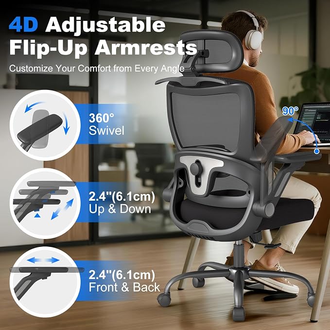 Ergonomic Office Chair with Footrest, High-Back Home Desk Chair with Adjustable Lumbar Support, Headrest, Flip-Up Arms, 90-135° Tilt Lock, and Wide Cushion, Big and Tall Mesh Computer Seating