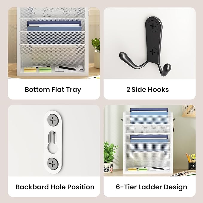 Creso hom Mail Organizer Wall Mounted, 6-Tier Wall File Organizer with 2 Hooks, Wooden Desk Organizer Magazine Holder with Bottom Flat Tray, for Office Home, White