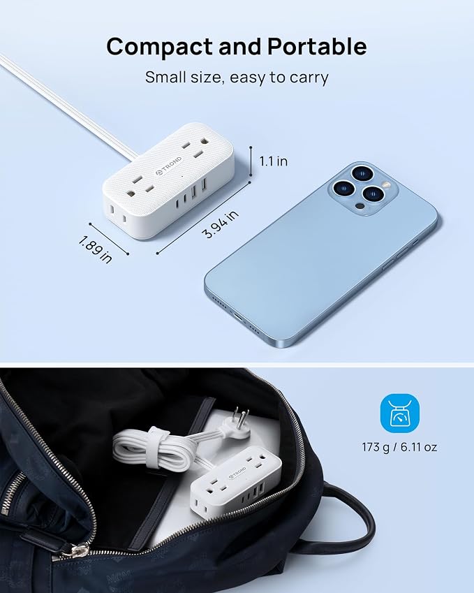 TROND Flat Plug Power Strip 10FT, Small Flat Extension Cord with Multiple Outlets, 4 AC and 4 USB Ports (2 USB C), Wall Mount Outlet Extender Adapter for Home Office Travel Dorm Room Essentials, White