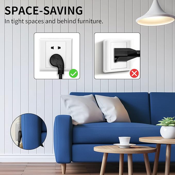 Miady Flat Plug Extension Cord 1 Ft, 90 Degree Plug Adapter, 3 Prong Grounded Wire Short Flat Wall Power Cable Black ETL Listed (4-Pack, 13 Amp, 125 Volts, 1625 Watts)