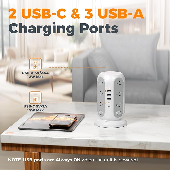 TESSAN Tower Power Strip with Individual Switches, Surge Protector with 12 Outlets, 5 USB Ports(2 USB C), Flat Extension Cord 6 Ft, 1250W, Charging Station for Multiple Devices, Office, Dorm, Grey