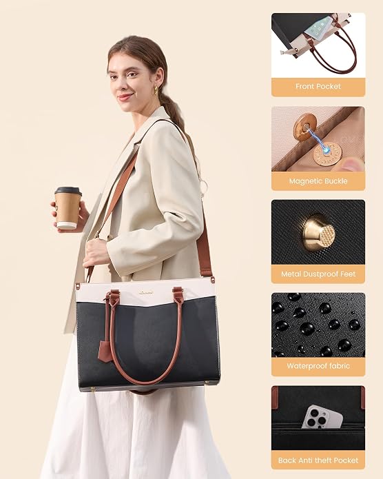 LOVEVOOK Laptop Bag for Women, 2-in-1 Tote Purse with Clutch & Cup Holder, Waterproof Briefcase for Work Travel
