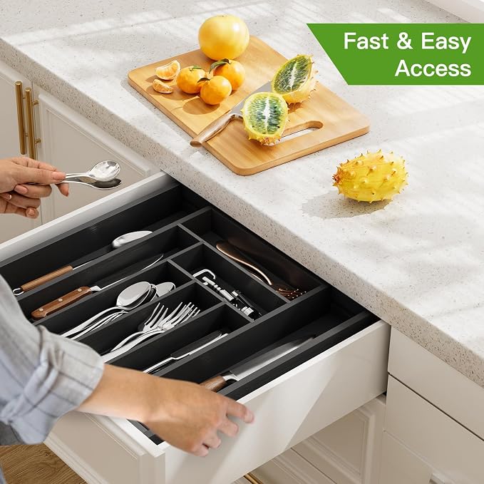 Pipishell Bamboo Expandable Drawer Organizer for Utensils Holder, Adjustable Cutlery Tray, Wood Drawer Dividers Organizer for Silverware, Flatware, Knives in Kitchen, Bedroom, Living Room(M-Black)