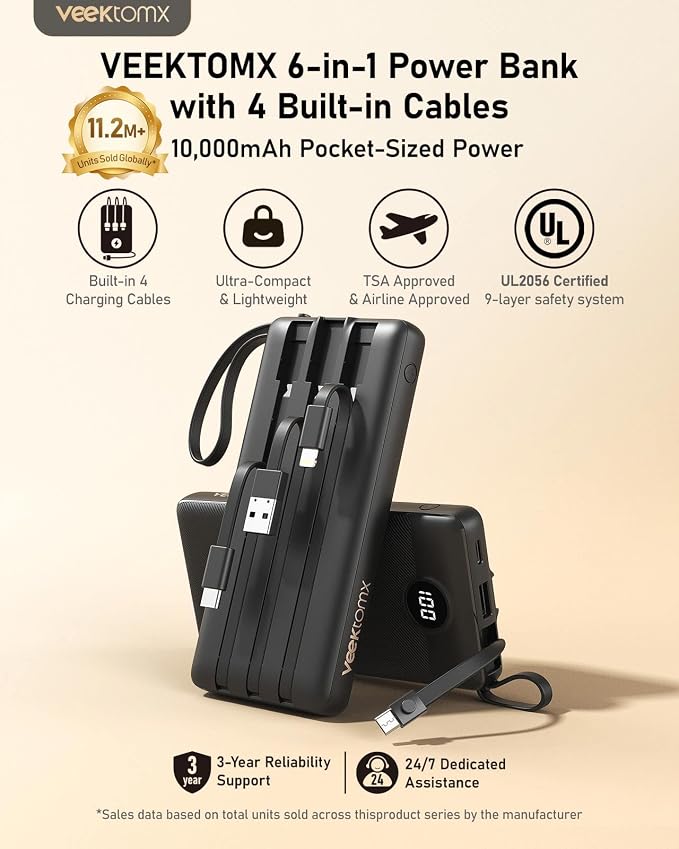VEEKTOMX Portable Charger with 3 Built-in Cables — 10000mAh Slim Power Bank, USB-C Battery Pack with Lightning & Micro USB, TSA Approved Travel Charger for iPhone, Samsung, Android