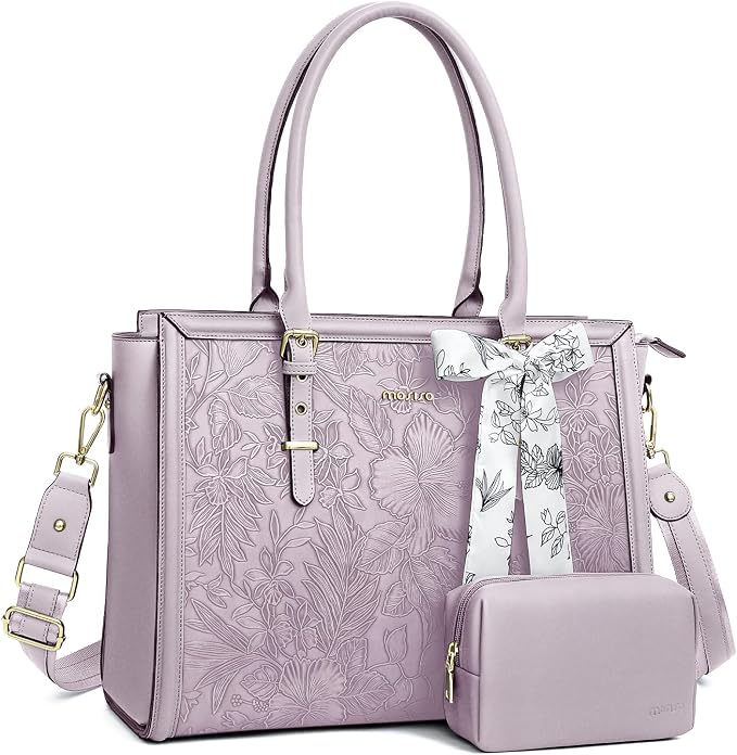 MOSISO Laptop Bag for Women, 15.6-16 inch PU Leather Tote Bag Compatible with MacBook, HP, Dell, Asus Notebook, Front Embossed Retro Hibiscus Computer Bags with Silk Scarf&Clutch Purse, Dusty Lilac