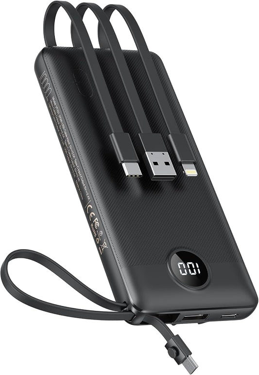VEEKTOMX Portable Charger with 3 Built-in Cables — 10000mAh Slim Power Bank, USB-C Battery Pack with Lightning & Micro USB, TSA Approved Travel Charger for iPhone, Samsung, Android