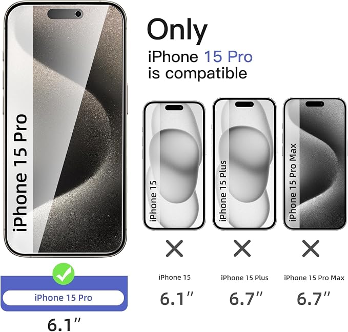 NEW'C 3x Privacy for iPhone 15 Pro Screen Protector (6.1 inches)+ 3x Camera Lens Protector, Sensor Protection, Case Friendly Tempered Glass Film + Dust Plug - Easy installation tool included