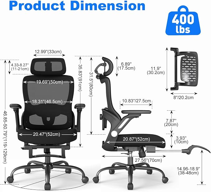Ergonomic Office Chair with Footrest, High-Back Home Desk Chair with Adjustable Lumbar Support, Headrest, Flip-Up Arms, 90-135° Tilt Lock, and Wide Cushion, Big and Tall Mesh Computer Seating