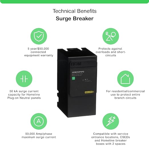 Square D - HOM250PSPD Homeline Whole House Surge Protection Device, 50kA, 120/240V, 1-Phase, No Wiring, Plug-On Neutral
