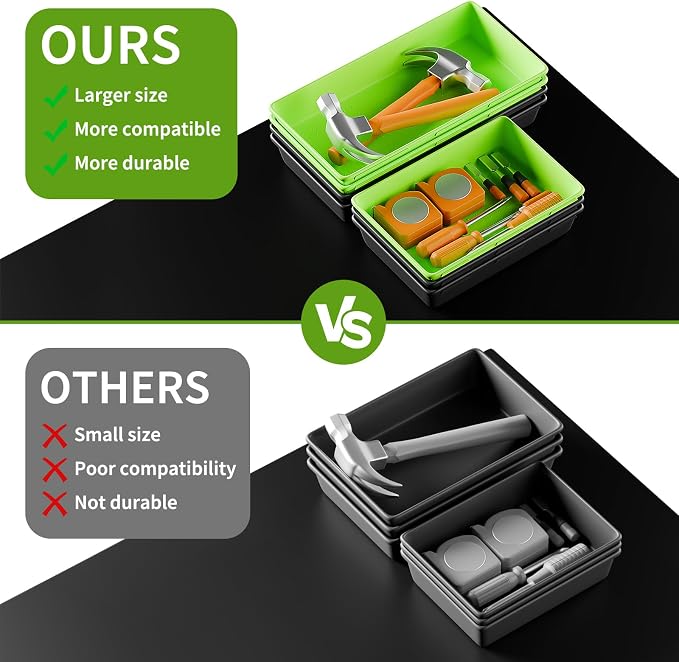 [5 Sizes] [69 PCS] Tool Drawer Organizer, Tool Box Tray, Desk Drawer Tray, Rolling Tool Chest, Toolbox (Black+Green)