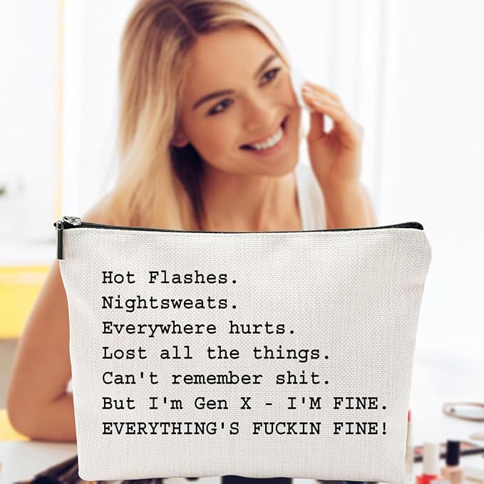 ZUYUROU Funny Gen X Makeup Bag for Women, Humorous Menopause Cosmetic Pouch for Over 50 Birthday Gifts, Double-Sided Travel Toiletry Case Organizer with Zipper, Grey