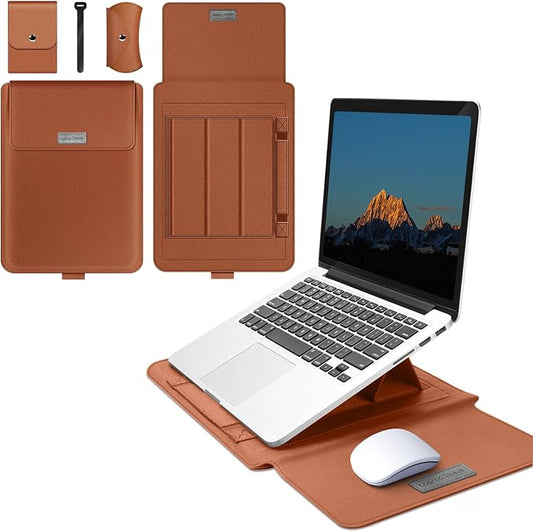 13-14 inch Laptop Sleeve Protective Case for MacBook Air/Pro 13-14" M5/M4/M3/M2/M1 (Pro/Max), [3 in 1] PU Leather Laptop Waterproof Slim Cover with Stand and Mouse for MacBook - Brown