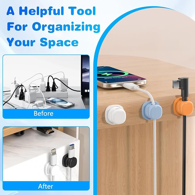 6Pcs Magnetic Cord Organizer Holder,Cord Holder for Nightstand,360° Rotatable Spring Cable Management,Adhesive Wire Cable Clips Management Kit for Phone Charger,Computer,Office,Desk,Nightstand (Mix)