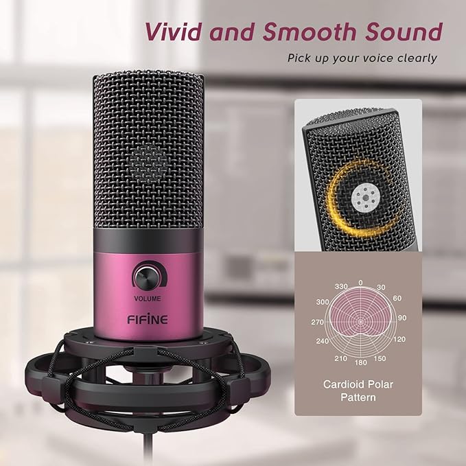 FIFINE Podcast Microphone Kit-USB PC Computer Recording Microphone, Condenser Mic Set for Streaming, Gaming, Voice-Over, Meeting, with Arm Stand, Shock Mount, Pop Filter-T669 Rose Red