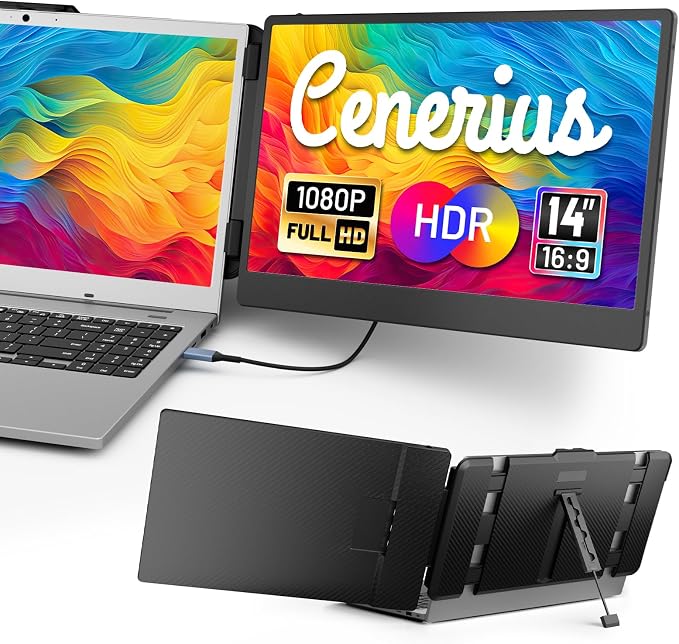 Cenerius 14" Laptop Screen Extender, FHD 1080P IPS Portable Monitor for Laptop, Dual Screen Monitor Extender Compatible with 13"-17" Laptops, HDMI/USB-A/USB-C Plug-Play for Windows, Mac, Android