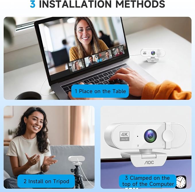 AOC White 4k Webcam for PC with Microphone, Computer Camera with Noise Cancellation, Privacy Cover, 99° FOV, Plug & Play USB Webcam for Streaming, Conferencing, Zoom, Skype, Facetime