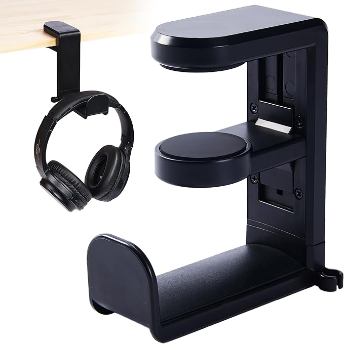 Headphone Stand for Desk - Clamp On Headset Holder with 360° Rotation & Cable Management - Universal Desktop Headphone Hanger Hook for All Headsets
