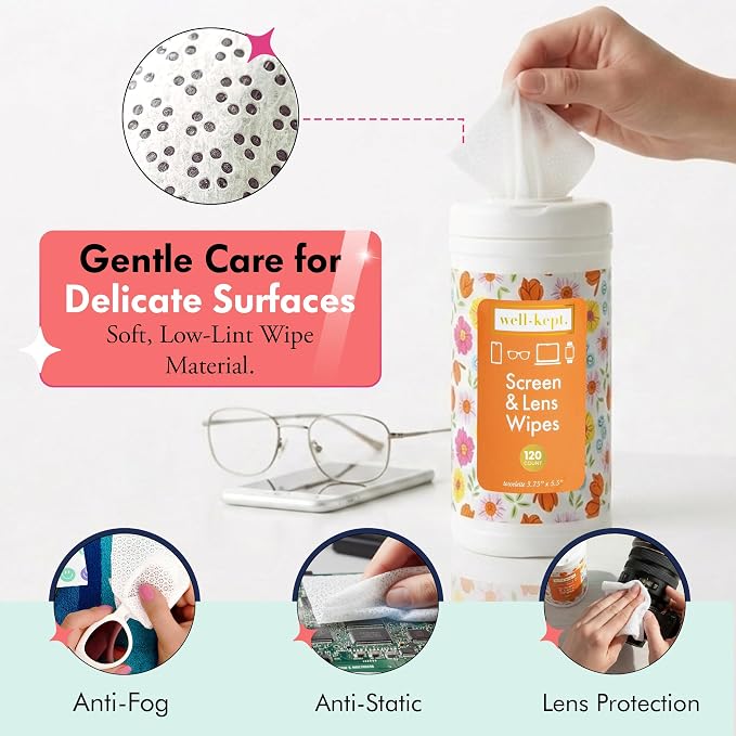 Well-Kept Tech & Lens Wipes - Eyeglass, Screen & Phone Cleaning, Multi-Surface, Lint-Free, Pre Moistened, Streak-Free & Non Scratching - NEW Size - Spring Break Canister, (120 Count)