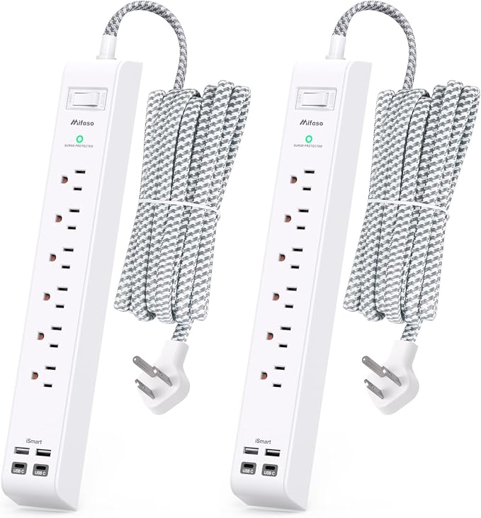 2 Pack Extension Cord 10ft Power Strip - Surge Protector with 6 Outlets 4 USB Charging Ports, Flat Plug, Overload Protection, Wall Mount for Home Office, Dorm Room Essentials