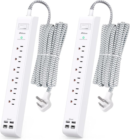 2 Pack Extension Cord 10ft Power Strip - Surge Protector with 6 Outlets 4 USB Charging Ports, Flat Plug, Overload Protection, Wall Mount for Home Office, Dorm Room Essentials