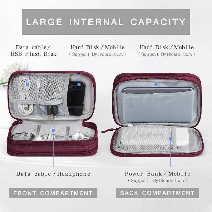 Skycase Electronic Organizer Travel Case - Waterproof Travel Cord Pouches for Organization, Cable Organizer, All-in-One Double Layers Storage Bag for Accessories, Charger, Cable, Wine Red - Large
