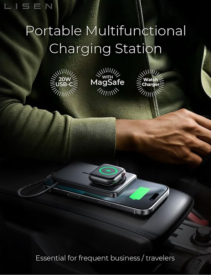 LISEN 0.5'' Ultra Slim MagSafe Power Bank for iPhone and Apple Watch,10000mAh MagSafe Battery Pack,Alloy Magnetic Portable Charger for iPhone 16 Pro Max Plus/15, Apple Watch S11 /S10 S9 SE，Grey