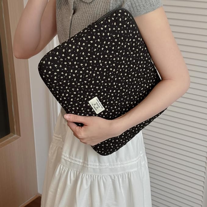 Puffy Laptop Sleeve 13-15.6 Inch Corduroy Quilted Laptop Protective Case Cute Floral Computer Sleeve Protective for MacBook (Black Ditsy Floral, 15.6 Inch)
