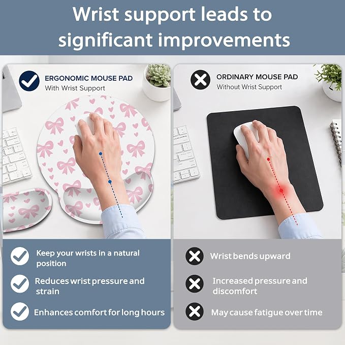 Cute Bow Wrist Rest Mouse Pad and Keyboard Support Set,Pink Heart 3 in 1 Ergonomic Memory Foam Mousepad with Non Slip Base, Gaming Mouse Pad for Office and Home