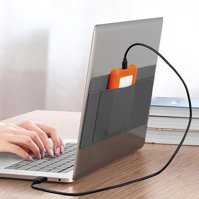Lacdo 3-Pocket Mouse Holder for Laptop Stick on, External Hard Drive SSD Holder for Laptop, Stick on Pouch Organizer Adhesive Pocket Storage Sleeve for Mouse/HDD/SSD/Cables, Computer Accessories, Gray