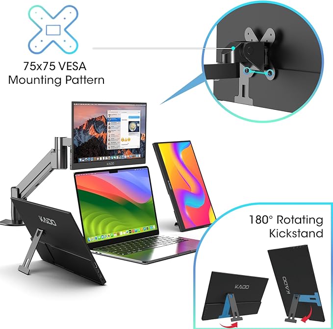 Kado Portable Monitor 15.6-Inch FHD 1080p, 45W Reverse Charging 1920x1080 USB-C HDMI Gaming Monitor IPS Display Built-in Speakers, Second Display Kickstand for Laptop PC Phone Mac Xbox PS4/PS5 Switch