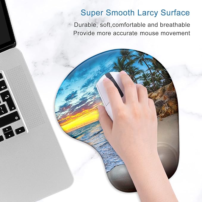 ITNRSIIET Ergonomic Mouse Pad with Gel Wrist Support Wrist Rest Smooth Surface Non-Slip PU Base Comfortable Office Supplies Pain Relief, 9.5 x 8 inches, Beach