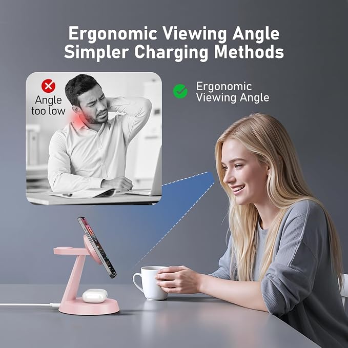 Charging Station 3 in 1 Wireless Charger for Apple Devices, 15W MagSafe Stand Compatible with iPhone 17 16 15 14 13 12 Pro Max Plus, Charging Dock for AirPods 4 3 2 & iWatch Series (Pink)
