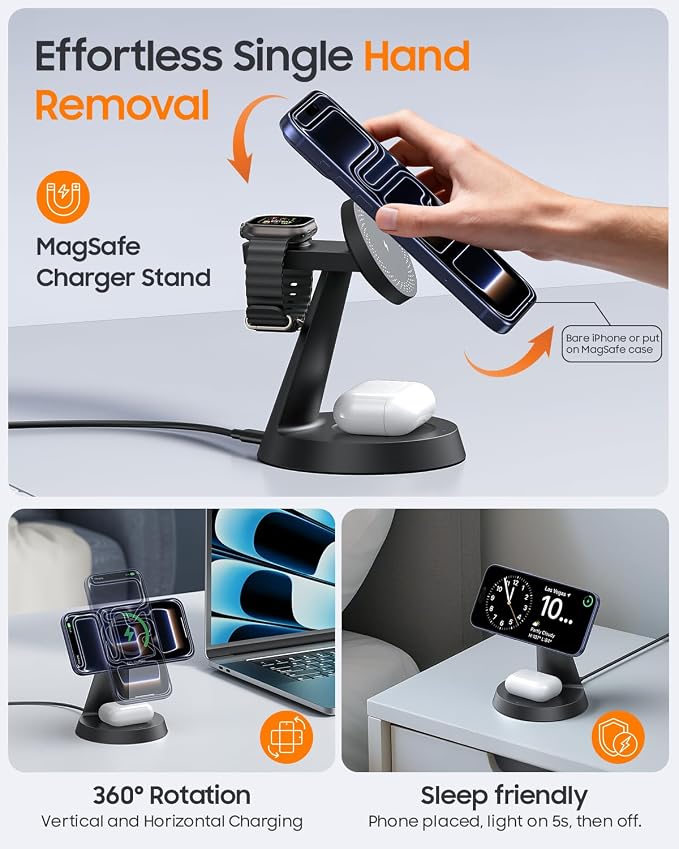 Meifigno 3 in 1 Magnetic Charging Station for Apple Devices, 15W Fast Wireless Charger Compatible with MagSafe Charging Stand for iPhone 17-12 Series, Watch Charger Stand for Apple Watch & Earbuds