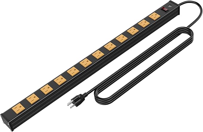 Oviitech 12 Outlets Heavy Duty Metal Socket Power Strip, 6-Foot Long Extension Cord with Circuit Breaker. Mounting Brackets Included,Workshop/Industrial use, ETL Certified，Yellow