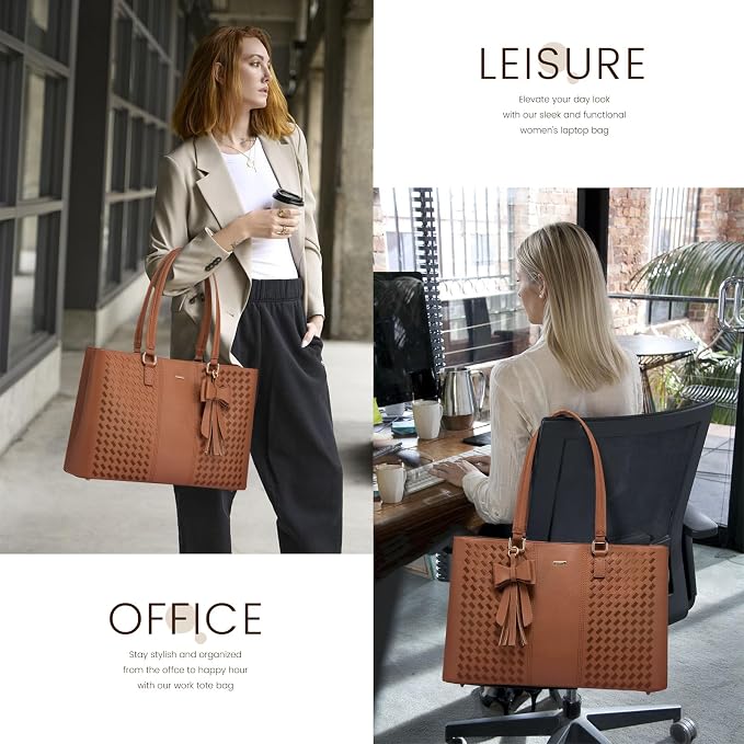 LOVEVOOK Laptop Tote Bag for Women 15.6 Inch Waterproof PU Leather Computer Bags Women Business Office Work Bag Briefcase,Brown