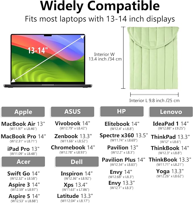 Puffy Laptop Sleeve 13-14 Inch Mint Green, Protective Carrying Case for Men and Women, Cute Case Bag Compatible with 13 and 14 Inch Laptops, for MacBook Air M2, Asus/Dell Xps in Cover